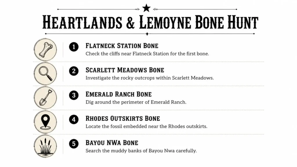 Infographic listing Red Dead Redemption 2 dinosaur bone hunt locations across Heartlands and Lemoyne.