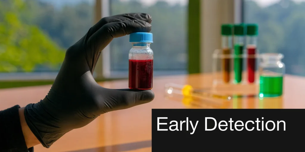 Gloved hand holding a blood sample vial in a lab beside “Early Detection” text.