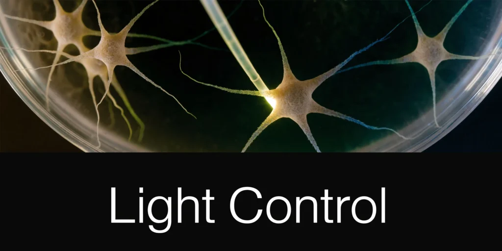 Microscopic neurons stimulated by light in a lab dish beside “Light Control” neuroscience text.