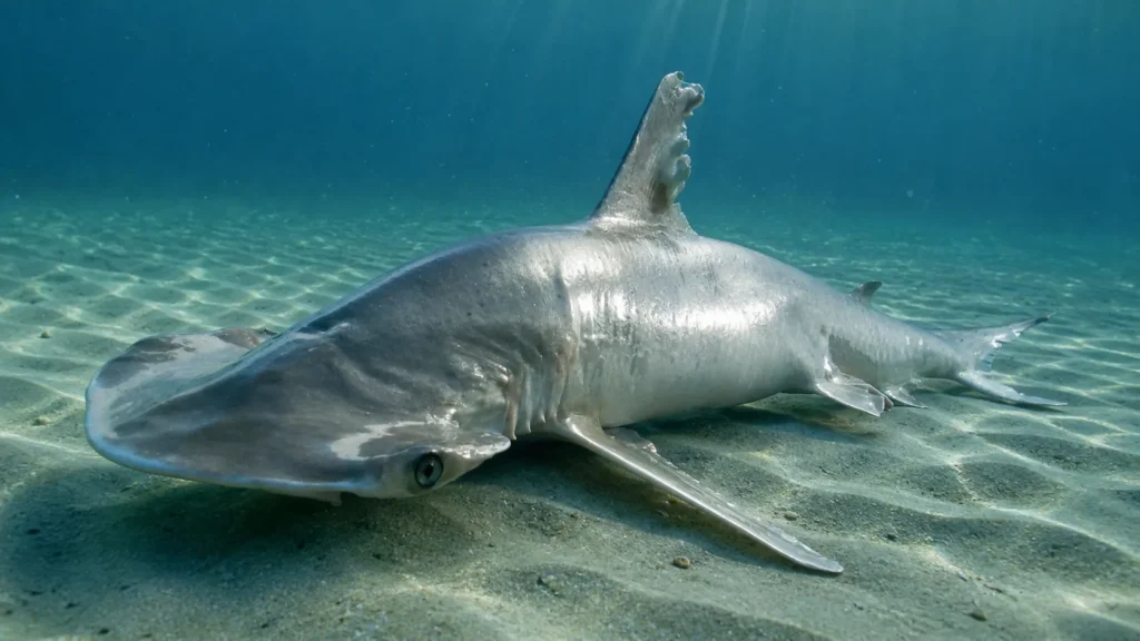 Hammerhead shark gliding over sandy seabed underwater, with sunlight rays filtering through clear blue ocean water
