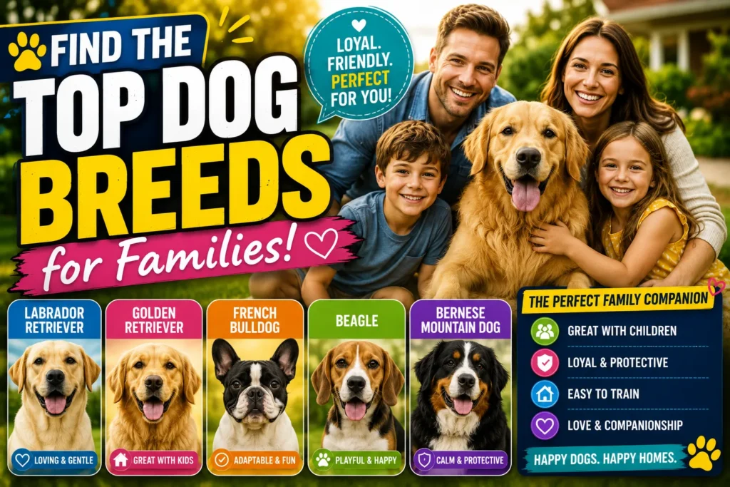 Colorful family dog breeds thumbnail with happy family, golden retriever, and popular kid-friendly dog breeds.