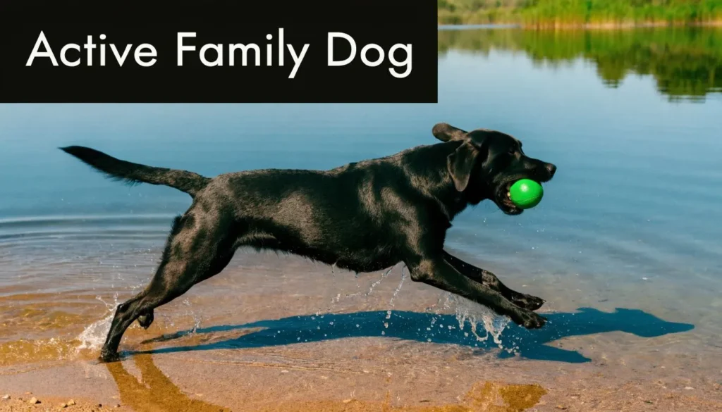 Black Labrador running through shallow water with a ball, labeled “Active Family Dog.”