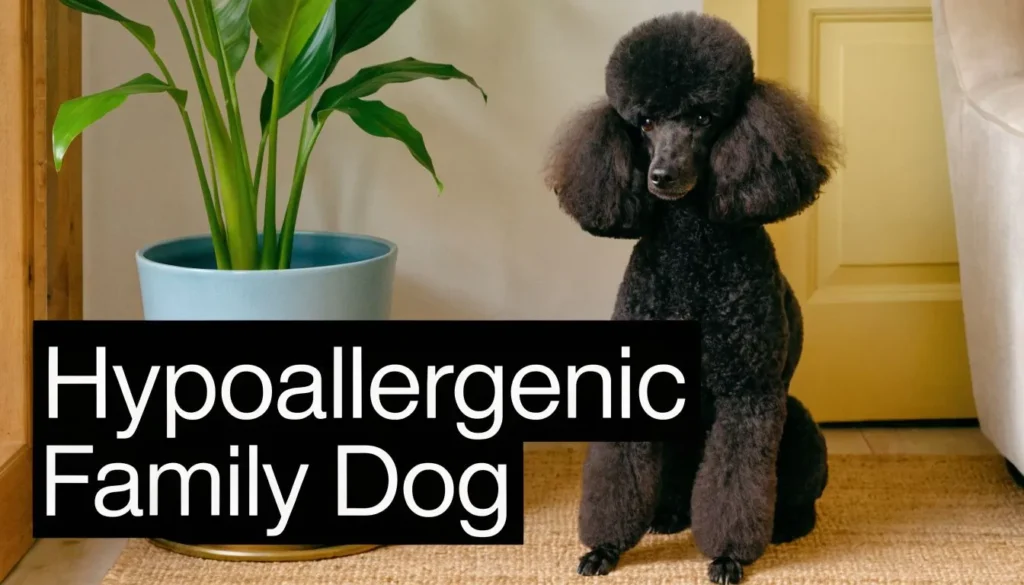 Black poodle indoors beside a plant with “Hypoallergenic Family Dog” text overlay.