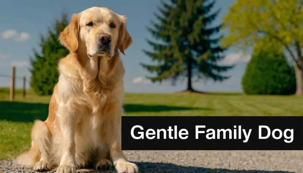 Golden Retriever sitting outdoors on grass with “Gentle Family Dog” text overlay.