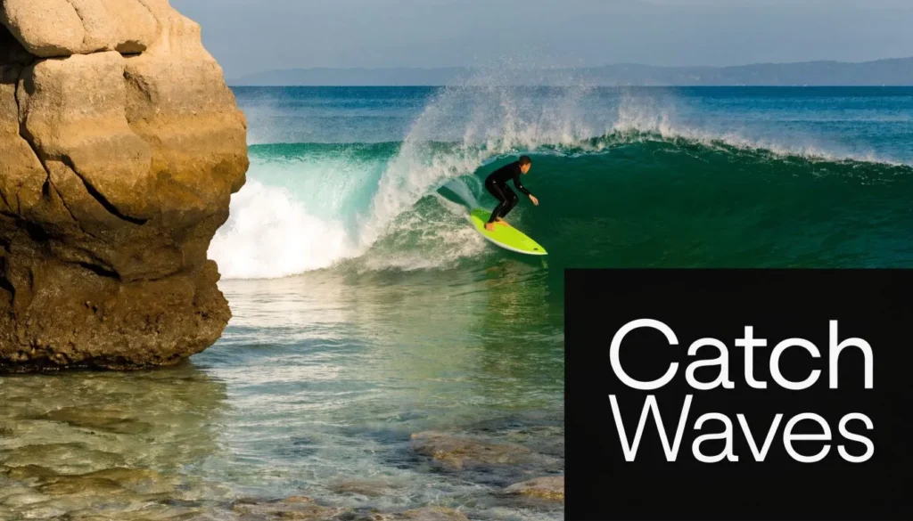 Surfer riding a powerful ocean wave near coastal rocks, showcasing an exciting Bali surfing adventure.