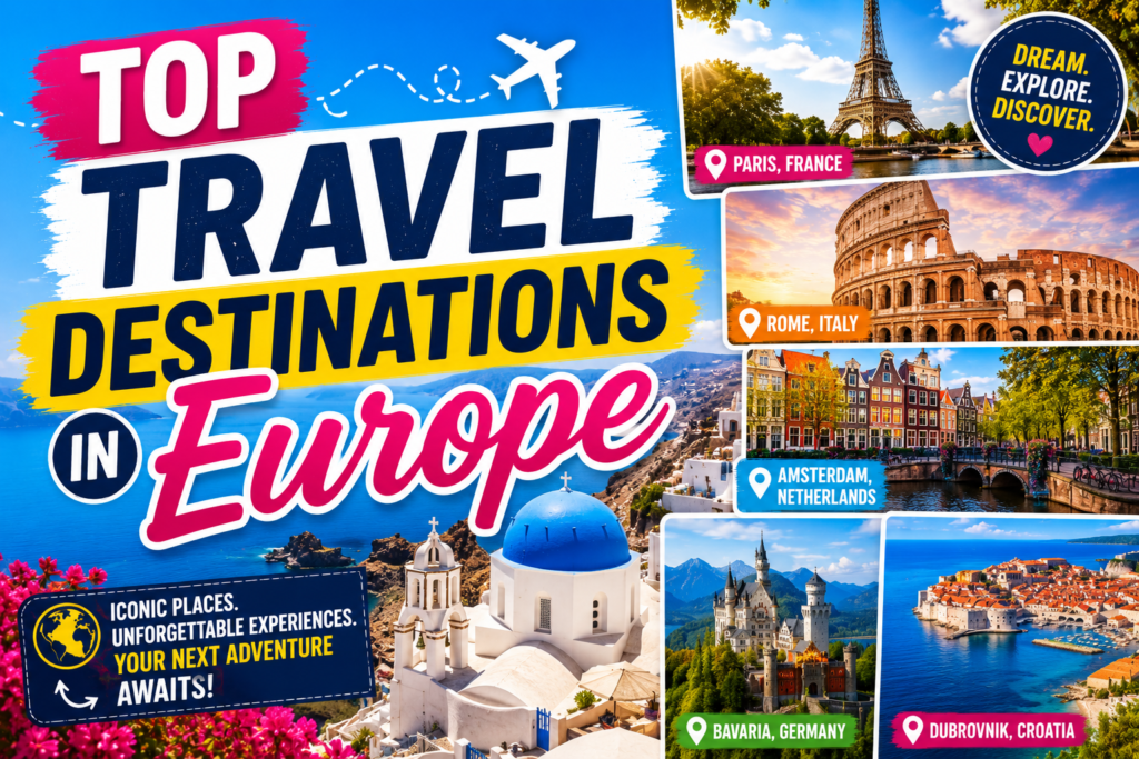 10 Top Travel Destinations in Europe for 2026 Europe travel destinations thumbnail with Paris, Rome, Santorini, and colorful landmark collage graphics.