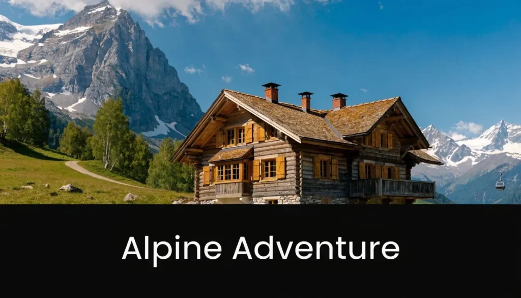 Wooden alpine cabin surrounded by snowy mountains under blue sky with Alpine Adventure travel theme text.