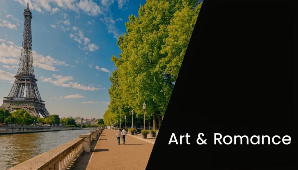 Eiffel Tower beside a riverside walkway in Paris with Art & Romance text, highlighting a romantic travel destination.