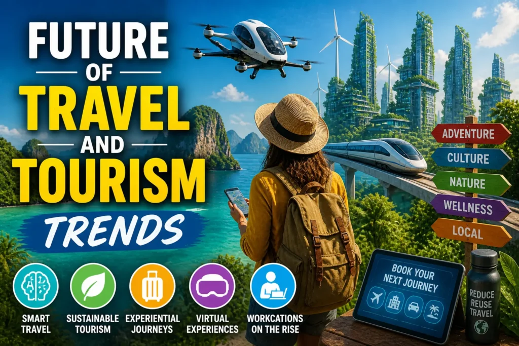 Future of Travel and Tourism Trends for 2026 Traveler viewing futuristic eco city with drone, train, and bold “Future of Travel and Tourism Trends” text