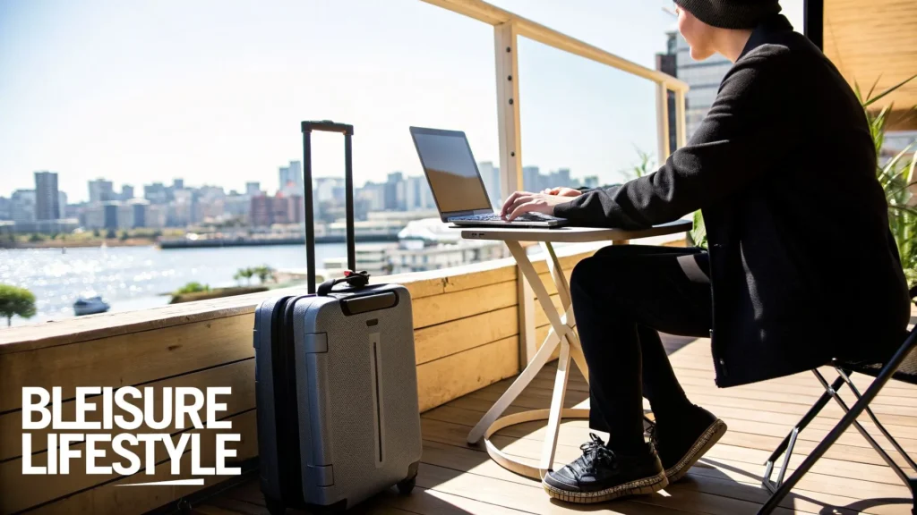 Traveler working on laptop on balcony with suitcase, city and water view, labeled “Bleisure Lifestyle”