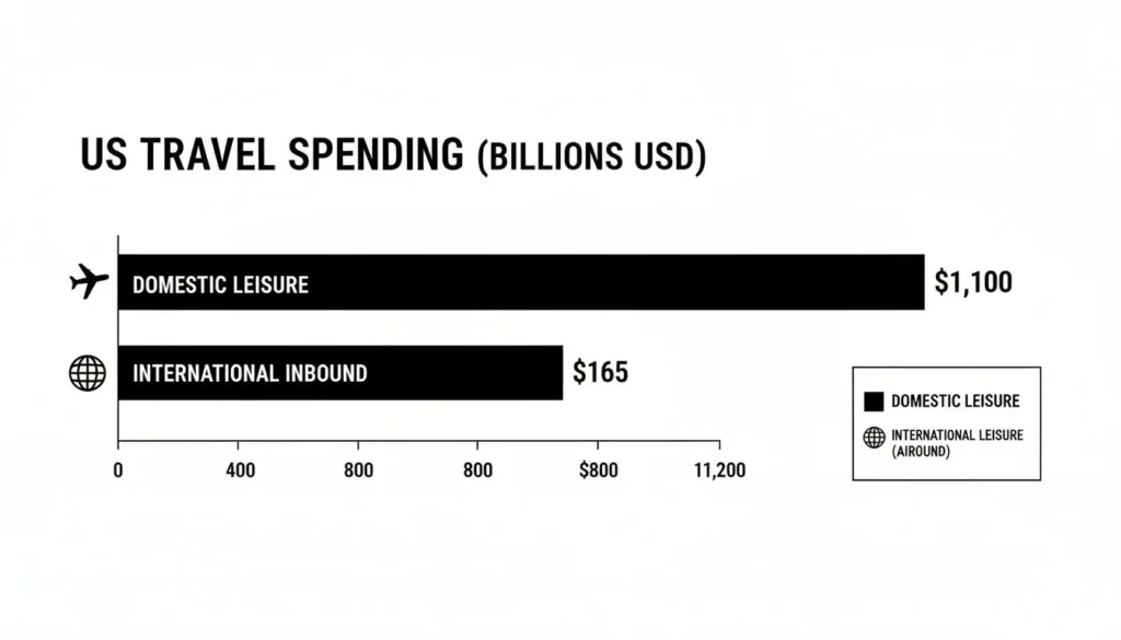 Bar chart of US travel spending: domestic leisure $1,100B vs international inbound $165B