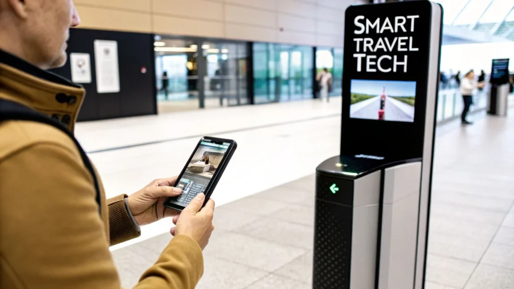 Traveler using smartphone near airport smart gate kiosk, sign reads “Smart Travel Tech”