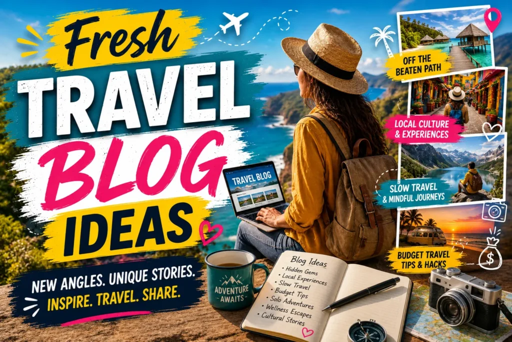 10 Fresh Travel Blog Ideas for 2026 Colorful travel blog ideas thumbnail with traveler, laptop, scenic coast, and adventure-themed graphics.