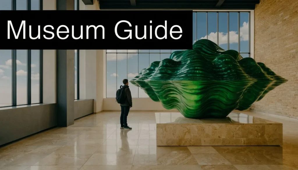 Visitor viewing large green abstract sculpture inside a modern art museum with “Museum Guide” text.
