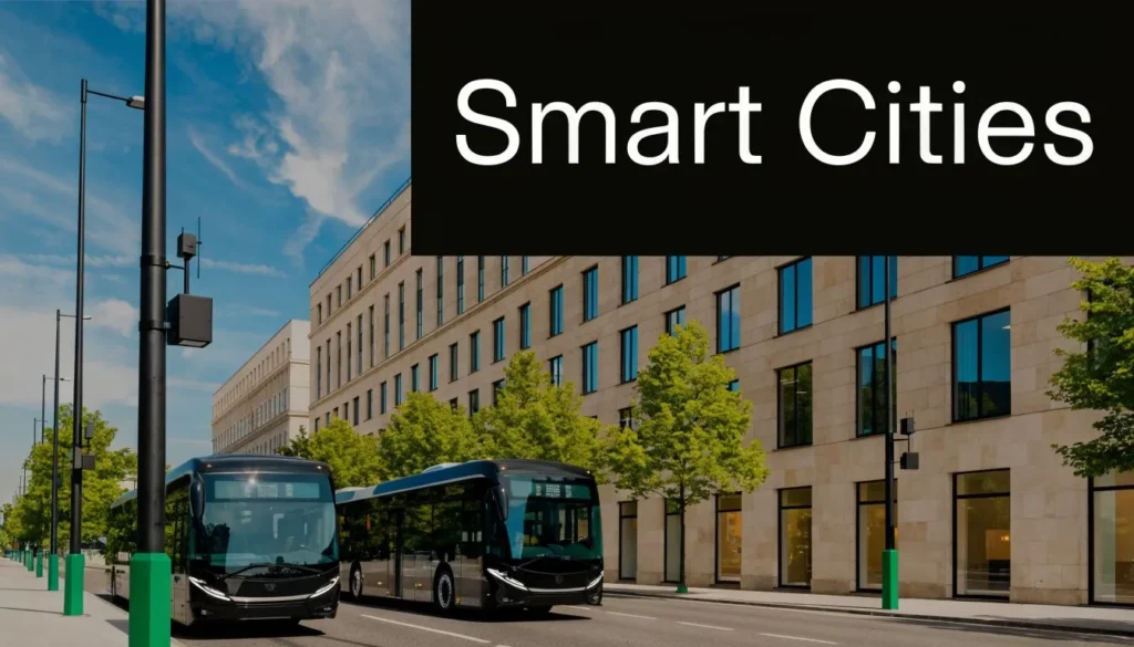 Modern smart city street with electric buses, connected infrastructure, and urban buildings under blue skies.