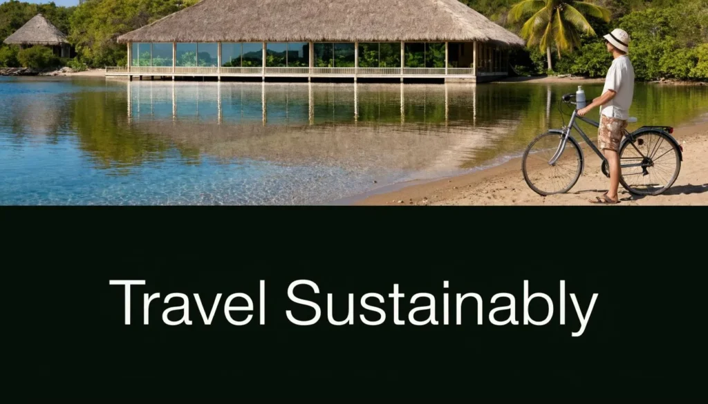 Traveler with bicycle near eco-friendly beach resort promoting sustainable travel and nature tourism.