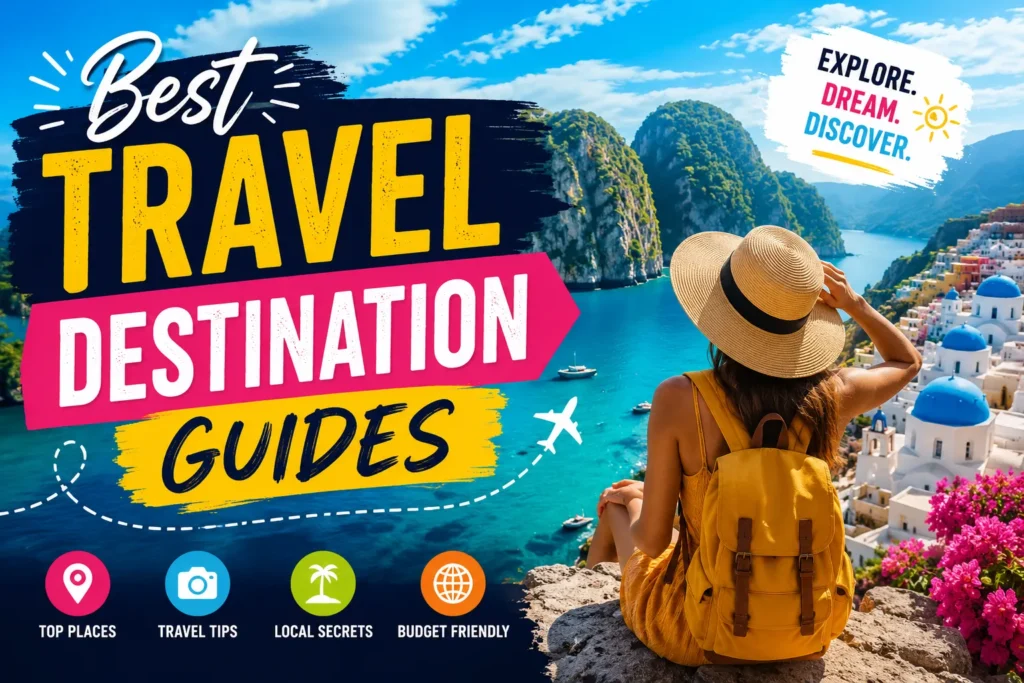 7 Best Travel Destination Guides for 2026 Traveler overlooking tropical cliffs and seaside village with colorful text promoting best travel destination guides.