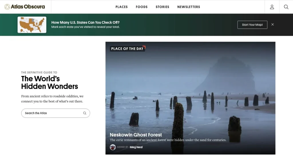 Atlas Obscura homepage featuring hidden wonders and the misty Neskowin Ghost Forest on an Oregon beach.