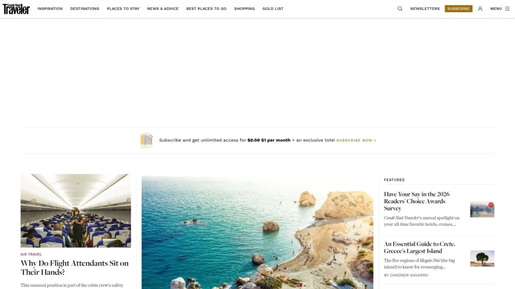 Condé Nast Traveler homepage featuring coastal destinations, travel advice, and airline travel articles.