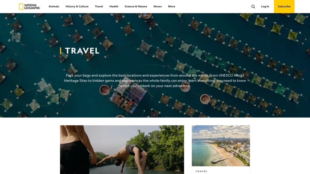 National Geographic Travel page featuring world destinations, aerial ocean view, and adventure travel stories.