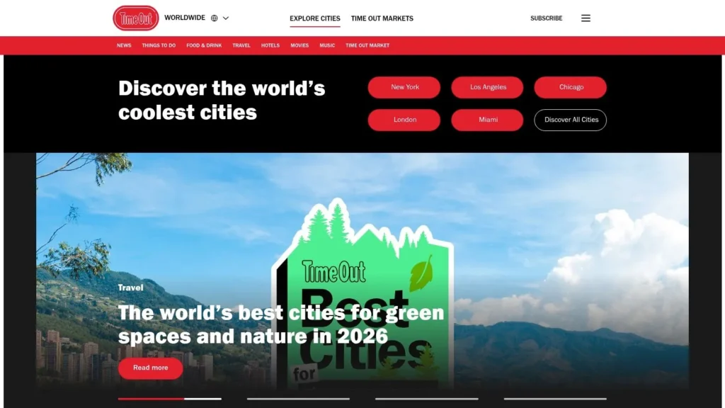 Time Out travel website showcasing city guides, green travel destinations, and global culture recommendations.