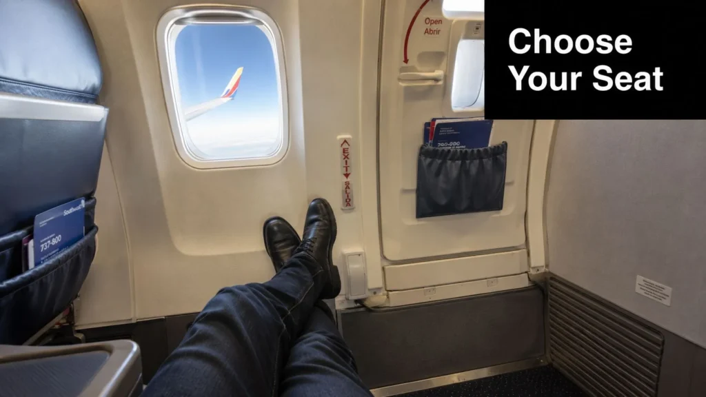 8 Travel Hacks for Long Flights for 2026 Passenger relaxing in a spacious airplane exit-row seat with extra legroom and a window view during flight.
