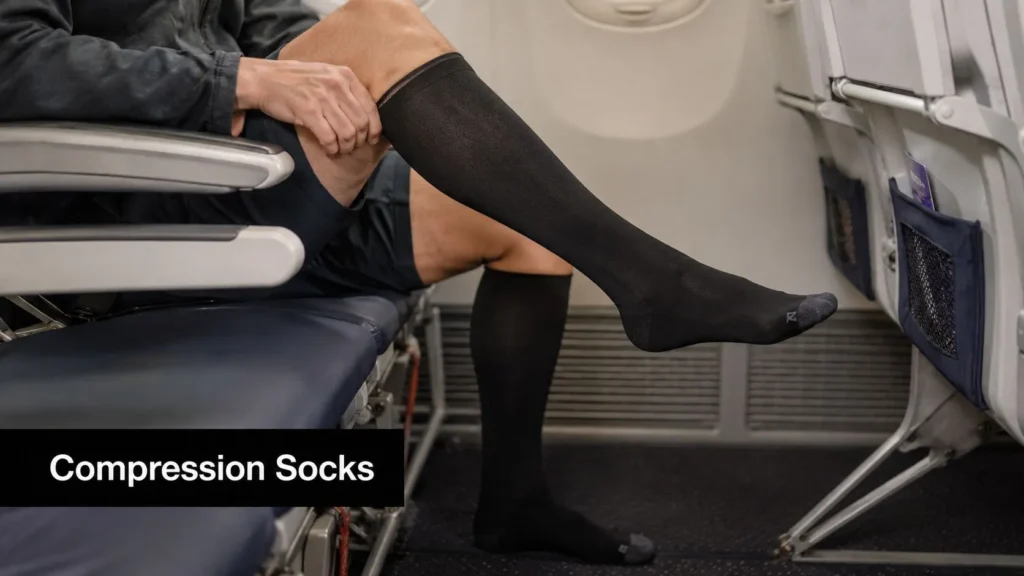 8 Travel Hacks for Long Flights for 2026 Passenger wearing compression socks while seated on an airplane, promoting comfort and circulation on long flights.