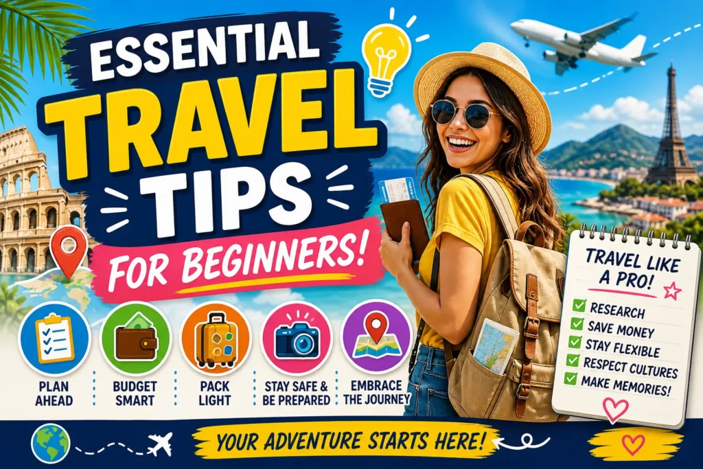 Colorful travel thumbnail with smiling tourist, landmarks, plane, and icons highlighting essential tips for beginner travelers