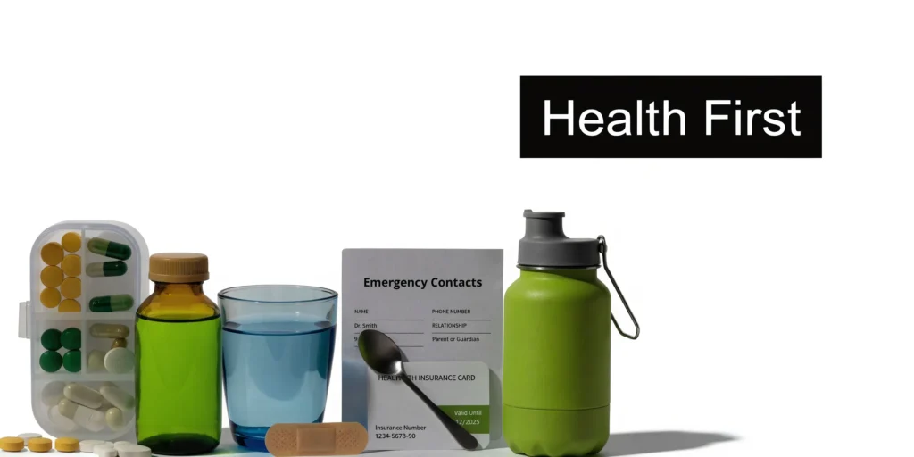 Travel health essentials with medicine, water bottle, and emergency contacts beside “Health First” text.