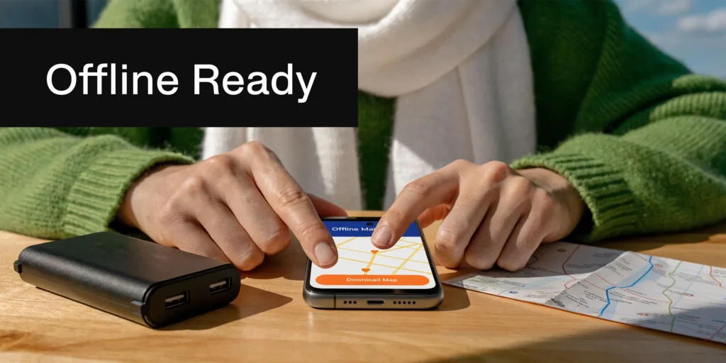 Traveler using an offline map app on a phone beside “Offline Ready” text, charger, and paper map.