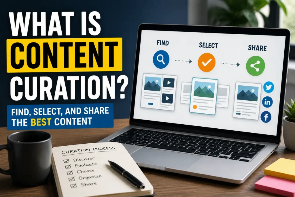 What Is Content Curation: A Definitive Guide Laptop showing content curation steps (find, select, share) with desk setup and bold “What Is Content Curation?” text