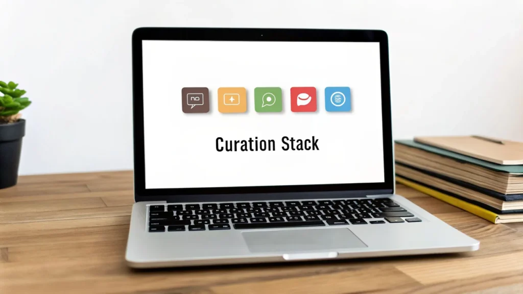Laptop on desk showing “Curation Stack” with colorful icons, books and plant nearby
