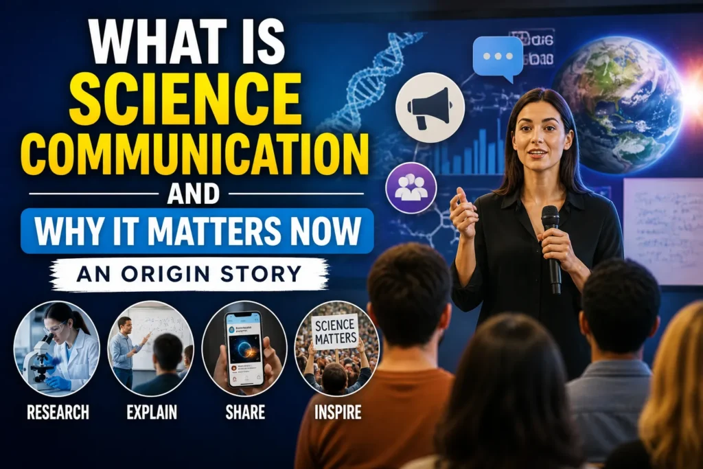 What Is Science Communication and Why It Matters Now Presenter speaking on science communication with graphics, audience, and bold text “Why It Matters Now: An Origin Story”