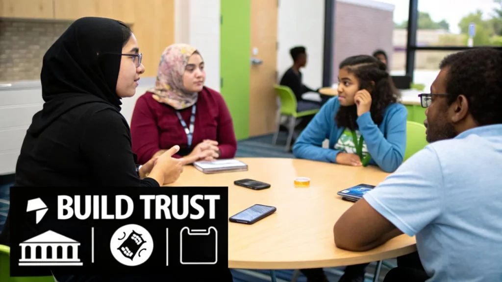 Diverse group discussing at a table, emphasizing trust-building in community communication