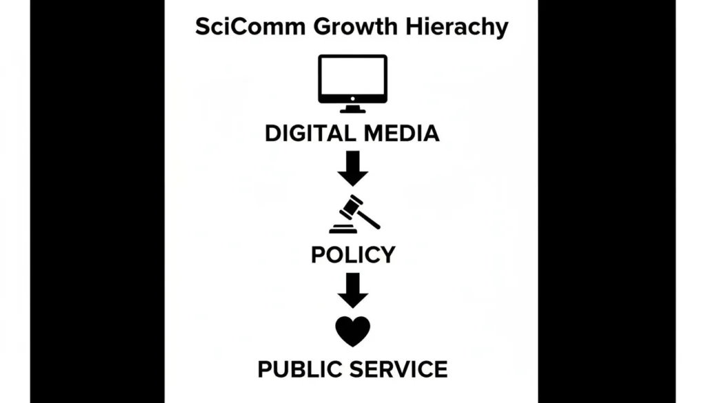 SciComm growth hierarchy diagram showing digital media to policy to public service with icons and arrows