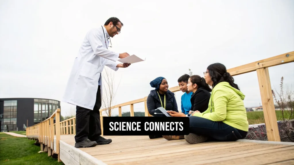 Teacher in lab coat discussing notes with diverse students outdoors, captioned "Science Connects"