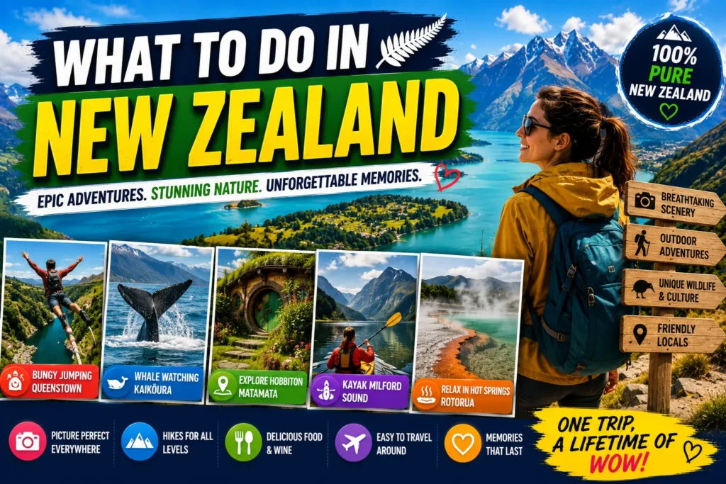 New Zealand travel thumbnail with mountains, lakes, hiking, whale watching, and colorful adventure activity graphics.