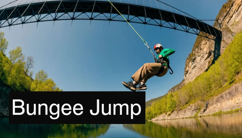 Person bungee jumping from a high bridge over a river valley with “Bungee Jump” text overlay.