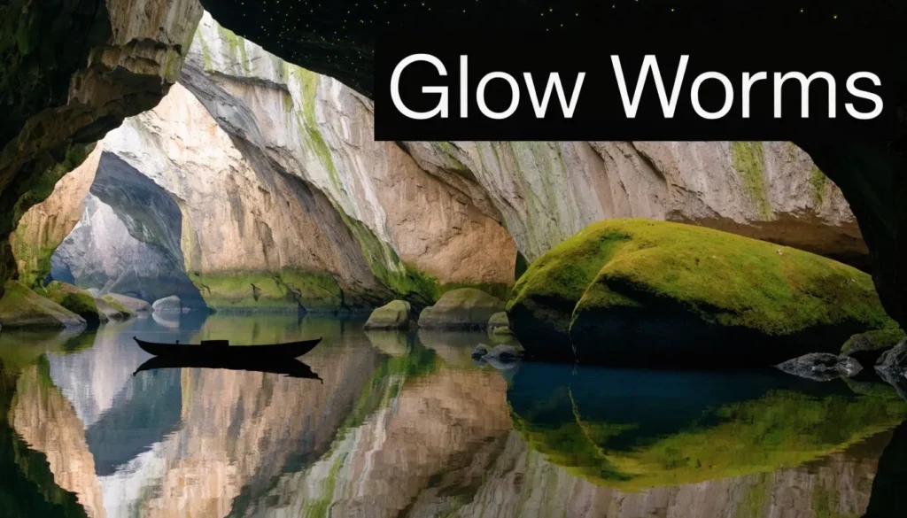 Boat drifting through a cave with glowing worms, reflective water, and moss-covered rocks in New Zealand.