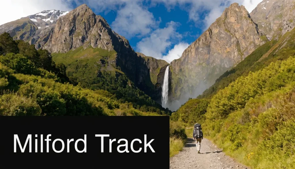 Hiker walking the Milford Track toward a waterfall between towering mountains in New Zealand.