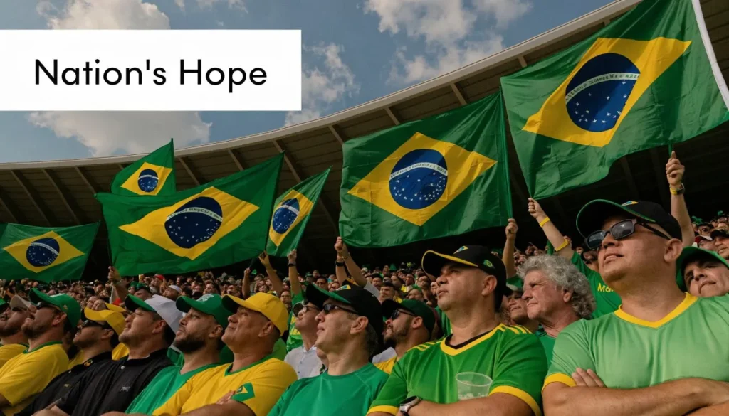Brazilian soccer fans waving national flags in a packed stadium during an international football match