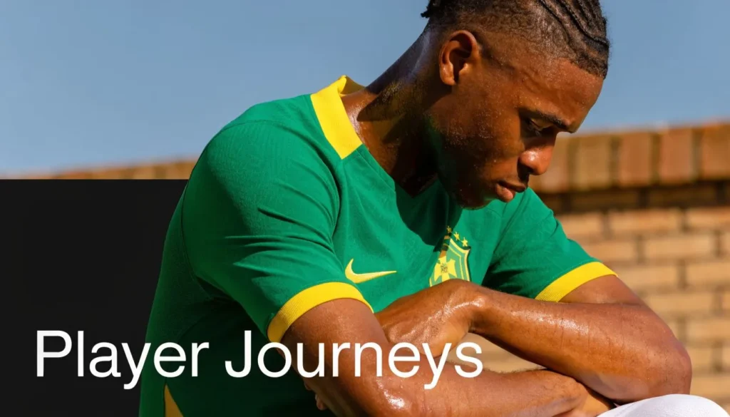 Brazil soccer player in green jersey sitting thoughtfully on field with Player Journeys sports graphic text