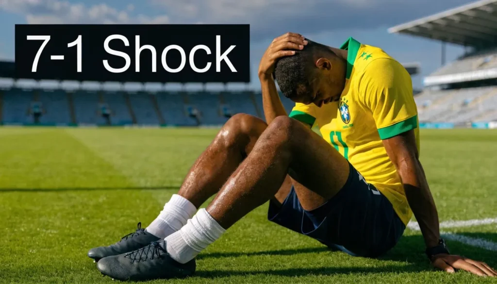 Disappointed Brazil soccer player sitting on field after historic 7-1 World Cup defeat in stadium