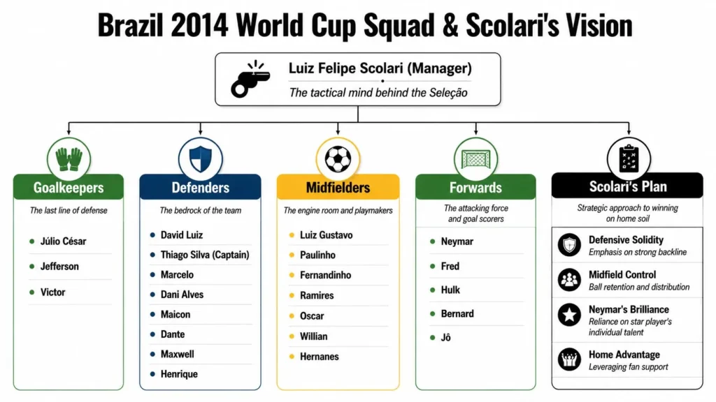 Infographic of Brazil’s 2014 World Cup squad, positions, key players, and Luiz Felipe Scolari’s strategy