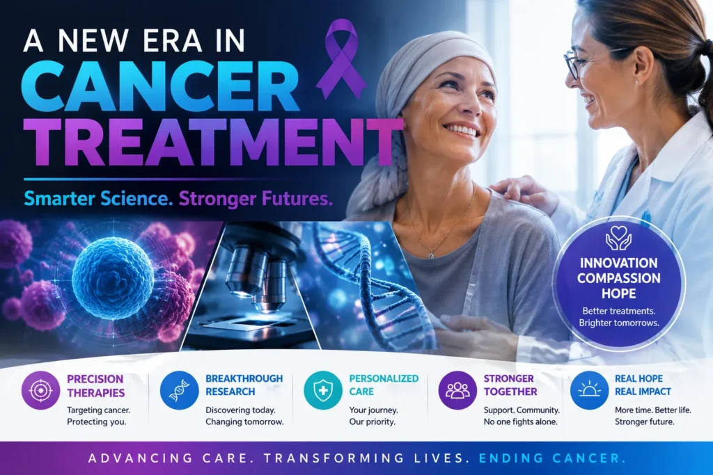 Patient and doctor discussing advanced cancer treatments, with DNA research, precision medicine, and hope for recovery.