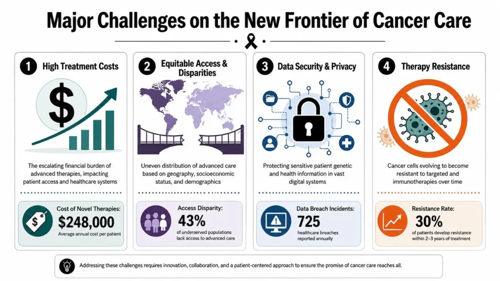 21st Century Oncology: A New Era in Cancer Treatment Infographic highlighting cancer care challenges: costs, access disparities, data privacy, and therapy resistance.