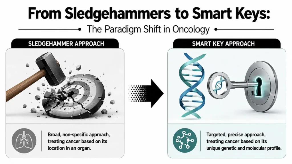 21st Century Oncology: A New Era in Cancer Treatment Infographic comparing broad cancer treatment with precision oncology, using a sledgehammer versus DNA key metaphor.