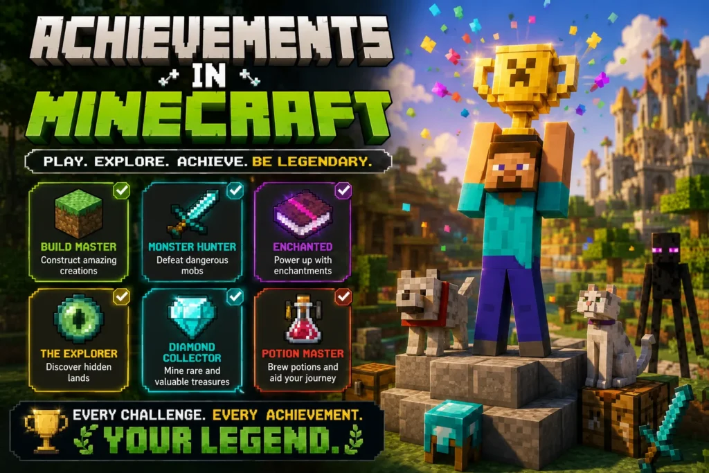 Blocky adventure game achievement guide with trophy, pixel-style hero, rare items, and milestone rewards.