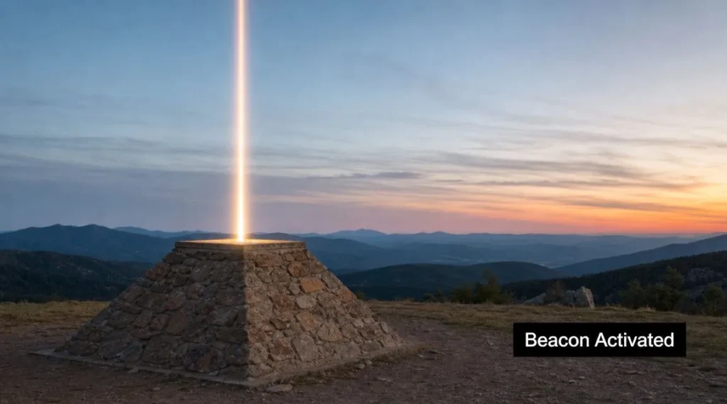 Achievements in Minecraft Stone beacon monument emitting a bright light beam into the sky at sunset, with a “Beacon Activated” banner.