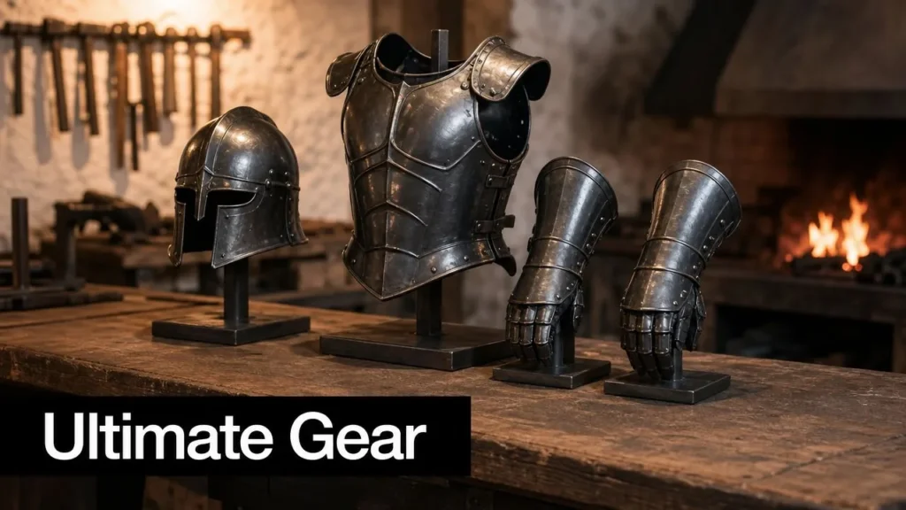 Achievements in Minecraft Medieval steel armor set with helmet, breastplate, and gauntlets displayed in a blacksmith workshop.